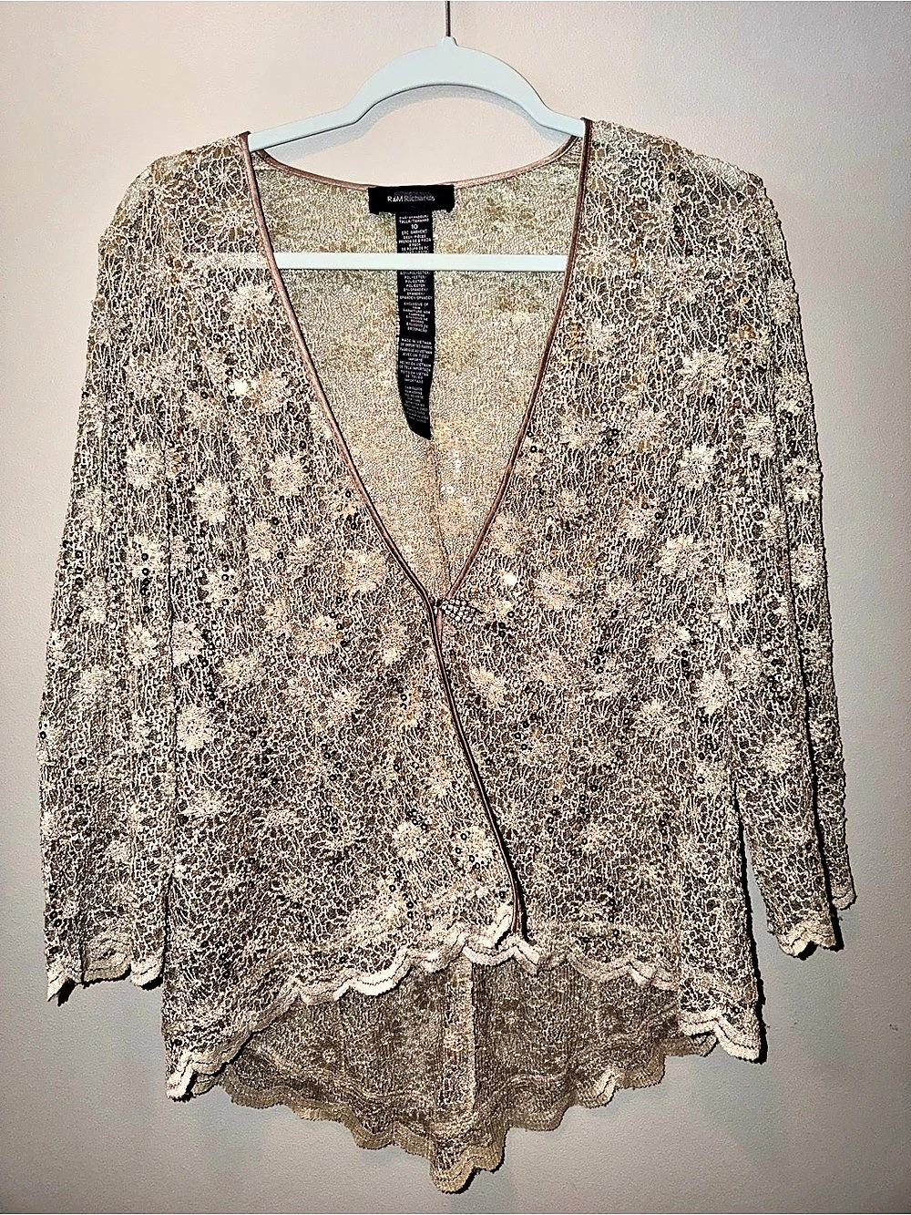 R&M Richards Formal Sequin Lace Open Front Jacket Shrug US 10 formal luxury